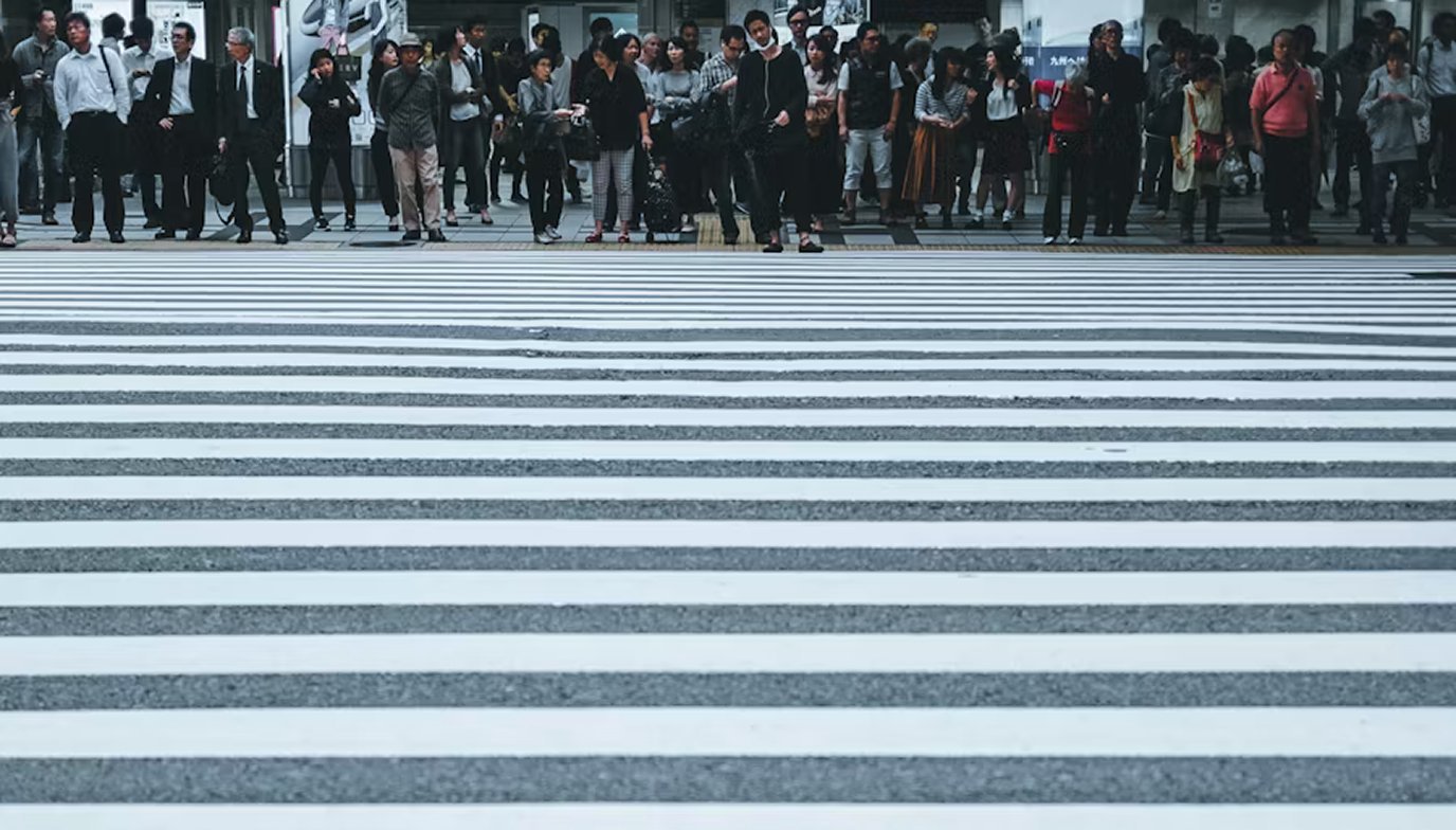 Large crowd waiting at a pedestrian crossing, representing population scale